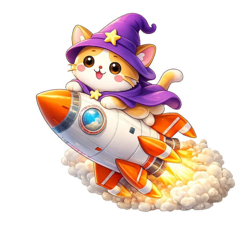 Wizard kitten setting off on a rocket